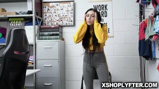 Brunette teen Judy Jolie getting her tight pussy romped wildly by the security guard from behind